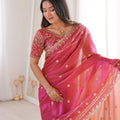 Designer Rani Pink Organza Silk Party Wear Saree with Embroidered Blouse