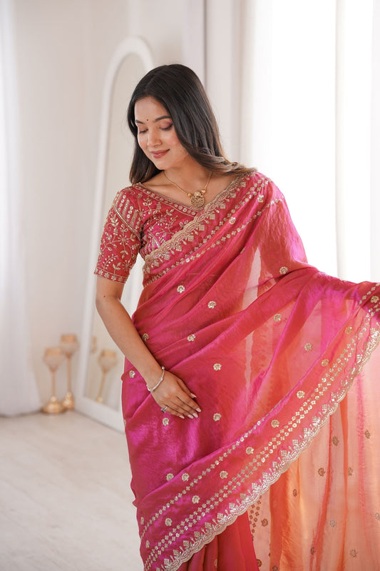 Designer Rani Pink Organza Silk Party Wear Saree with Embroidered Blouse