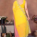Yellow and Peach Georgette Saree Embroidered Border Work