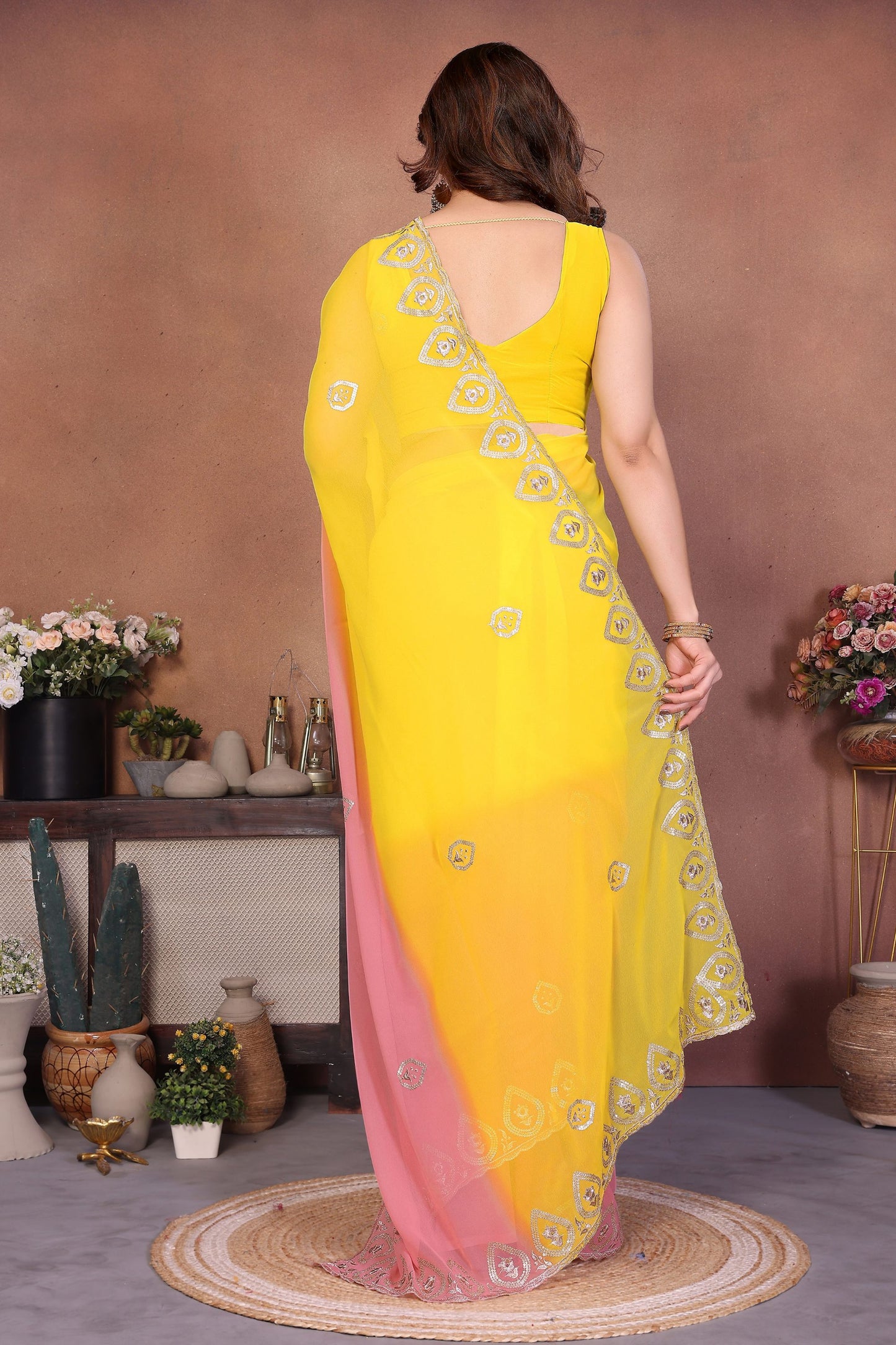 Yellow and Peach Georgette Saree Embroidered Border Work
