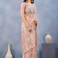 Peach Pink Floral Embroidered Net Saree with Designer Border