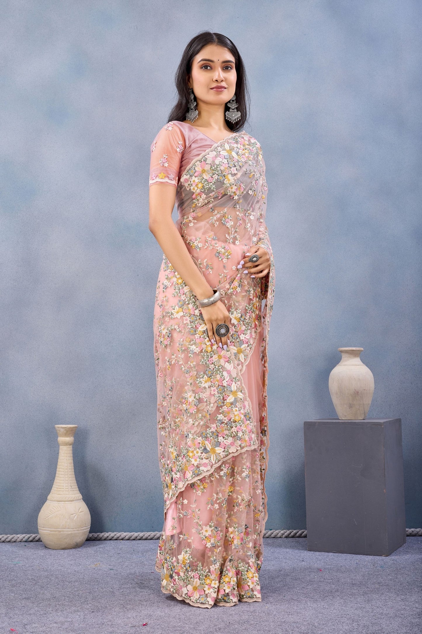 Peach Pink Floral Embroidered Net Saree with Designer Border