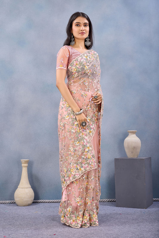 Peach Pink Floral Embroidered Net Saree with Designer Border