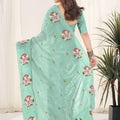Mint Green Organza Saree Floral Embroidery Work Designer Blouse