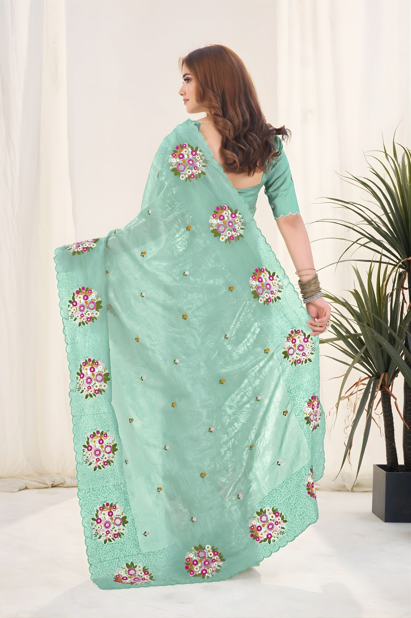Mint Green Organza Saree Floral Embroidery Work Designer Blouse