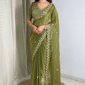 Olive Green Organza Silk Saree Heavy Sequins Embroidered Border Designer Blouse