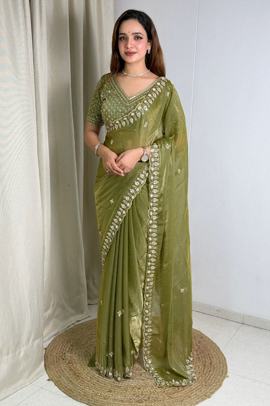 Olive Green Organza Silk Saree Heavy Sequins Embroidered Border Designer Blouse