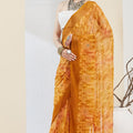 Mustard Yellow Floral Printed Designer Saree with Contrast Border