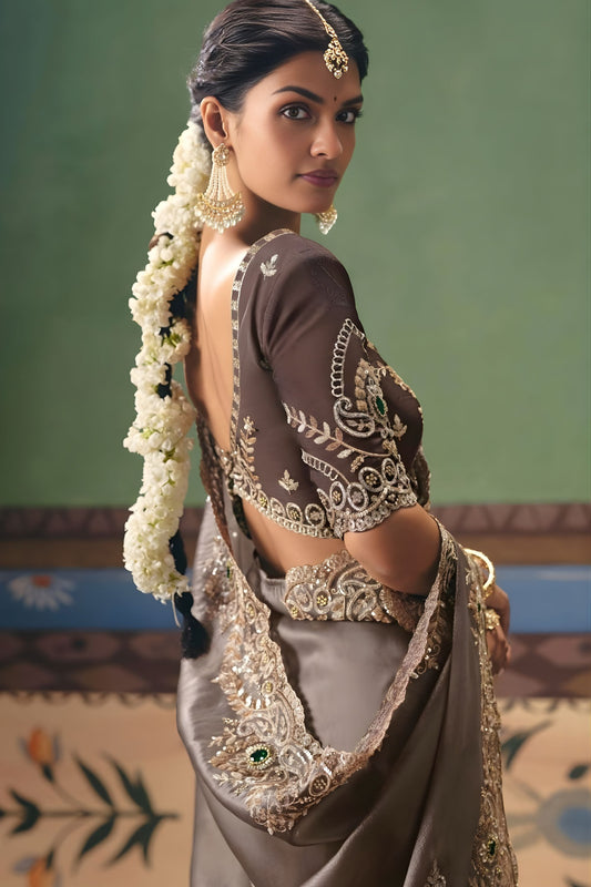 Grey Designer Silk Saree with Heavy Embroidery Border