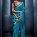 Luxury Teal Blue Embroidered Saree with Designer Blouse 