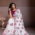 White Organza Saree Maroon Elephant Motif Print Embroidered Border