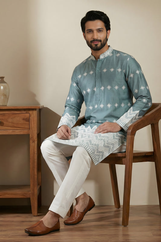 Stylish Aqua Blue Embroidered Malai Satin Kurta for Men with White Pyjama