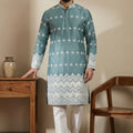 Stylish Aqua Blue Embroidered Malai Satin Kurta for Men with White Pyjama