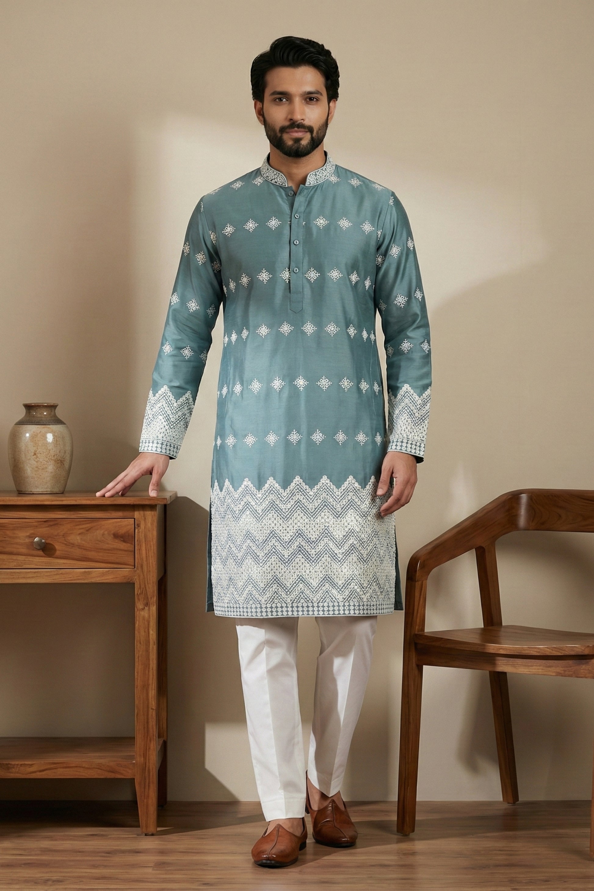 Stylish Aqua Blue Embroidered Malai Satin Kurta for Men with White Pyjama