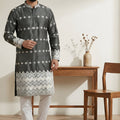 Elegant Dark Grey Embroidered Malai Satin Kurta for Men with White Pyjama