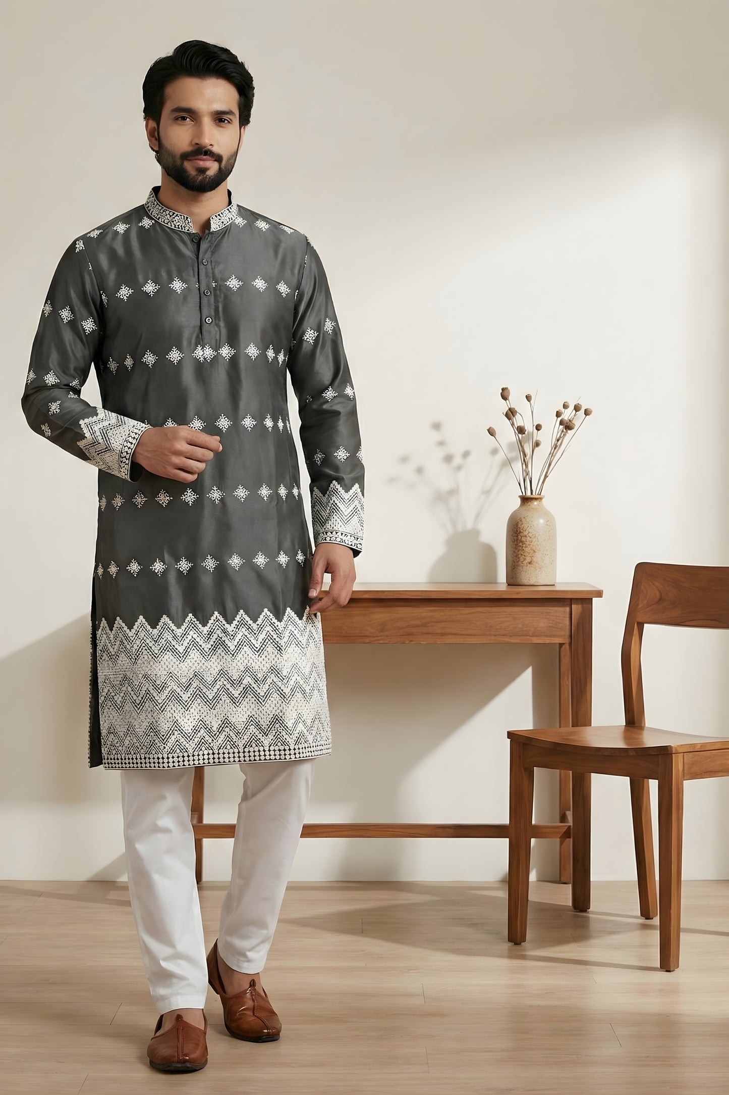 Elegant Dark Grey Embroidered Malai Satin Kurta for Men with White Pyjama