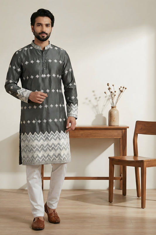 Elegant Dark Grey Embroidered Malai Satin Kurta for Men with White Pyjama