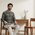 Elegant Dark Grey Embroidered Malai Satin Kurta for Men with White Pyjama