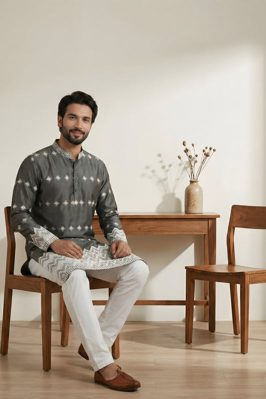 Elegant Dark Grey Embroidered Malai Satin Kurta for Men with White Pyjama