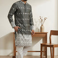 Elegant Dark Grey Embroidered Malai Satin Kurta for Men with White Pyjama