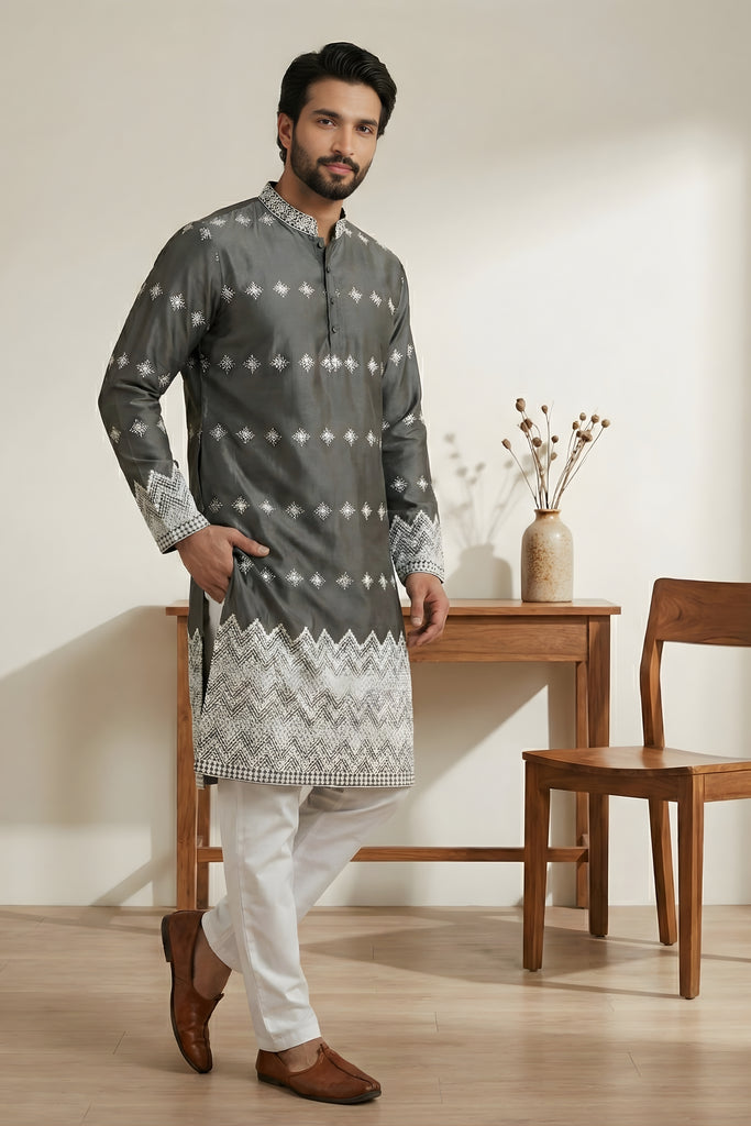Elegant Dark Grey Embroidered Malai Satin Kurta for Men with White Pyjama