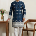 Premium Navy Blue Embroidered Malai Satin Kurta for Men with White Pyjama
