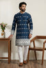 Premium Navy Blue Embroidered Malai Satin Kurta for Men with White Pyjama
