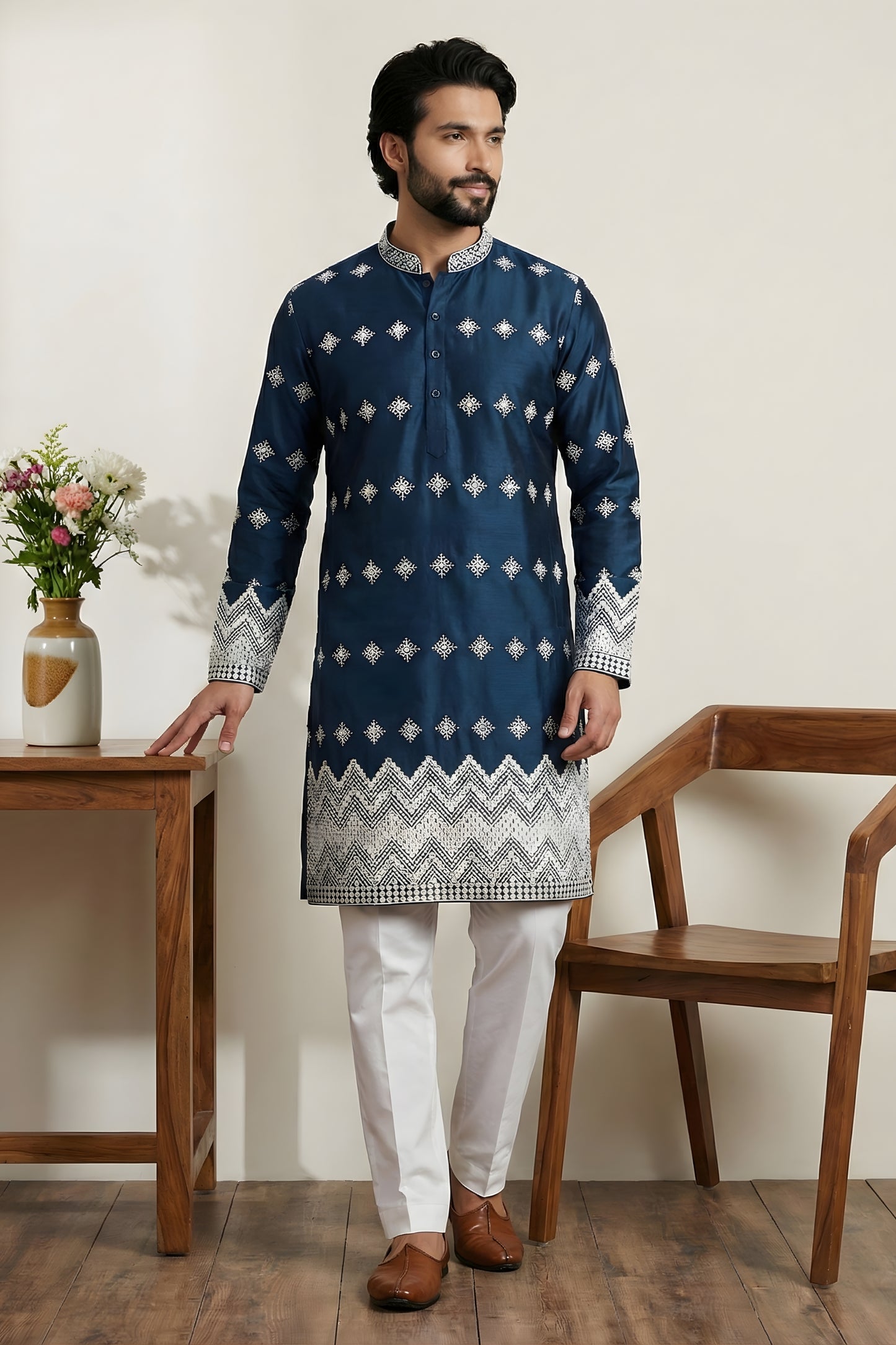 Premium Navy Blue Embroidered Malai Satin Kurta for Men with White Pyjama