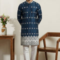 Premium Navy Blue Embroidered Malai Satin Kurta for Men with White Pyjama