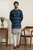 Premium Navy Blue Embroidered Malai Satin Kurta for Men with White Pyjama