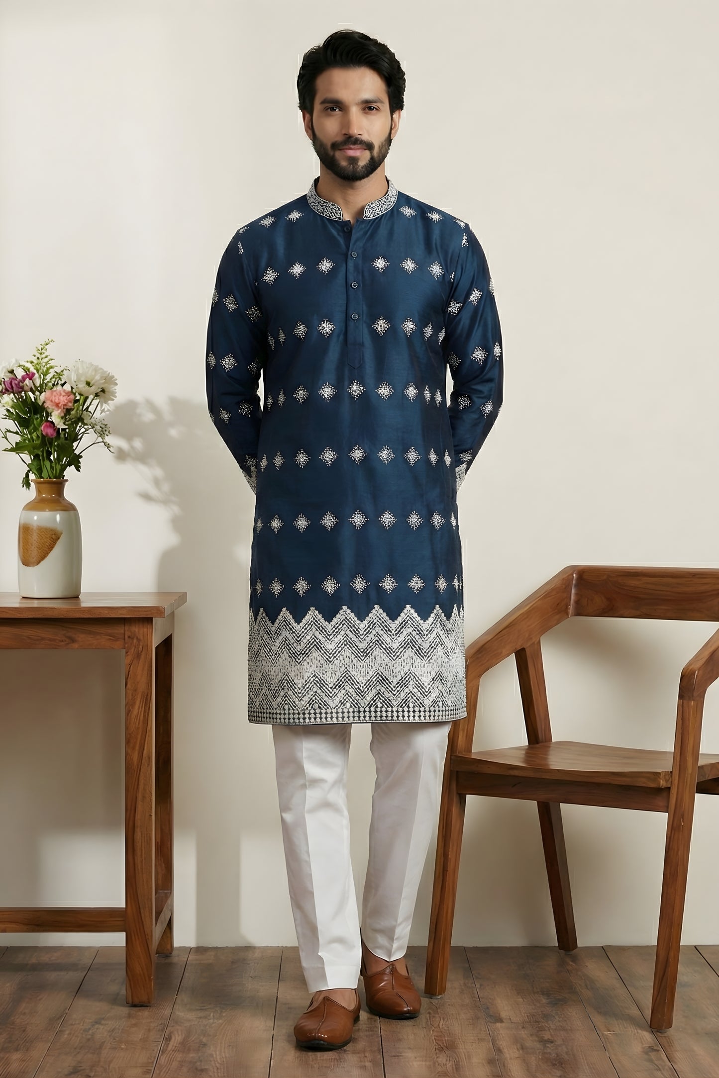 Premium Navy Blue Embroidered Malai Satin Kurta for Men with White Pyjama