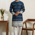 Premium Navy Blue Embroidered Malai Satin Kurta for Men with White Pyjama