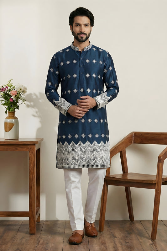 Premium Navy Blue Embroidered Malai Satin Kurta for Men with White Pyjama