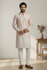 Stunning Peach Embroidered Malai Satin Kurta for Men with White Pyjama