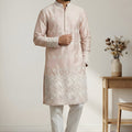 Stunning Peach Embroidered Malai Satin Kurta for Men with White Pyjama