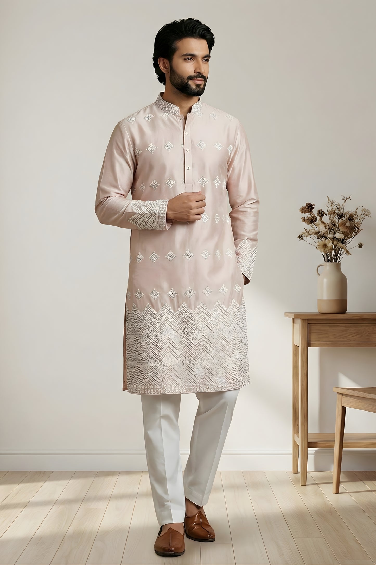 Stunning Peach Embroidered Malai Satin Kurta for Men with White Pyjama