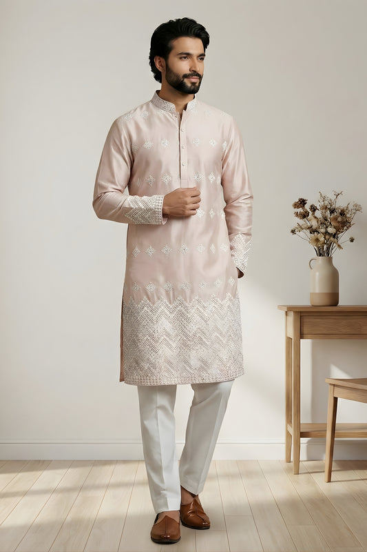Stunning Peach Embroidered Malai Satin Kurta for Men with White Pyjama