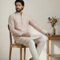 Stunning Peach Embroidered Malai Satin Kurta for Men with White Pyjama