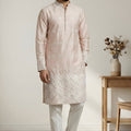 Stunning Peach Embroidered Malai Satin Kurta for Men with White Pyjama
