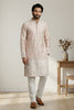 Stunning Peach Embroidered Malai Satin Kurta for Men with White Pyjama