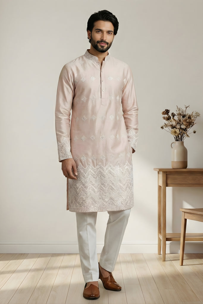 Stunning Peach Embroidered Malai Satin Kurta for Men with White Pyjama