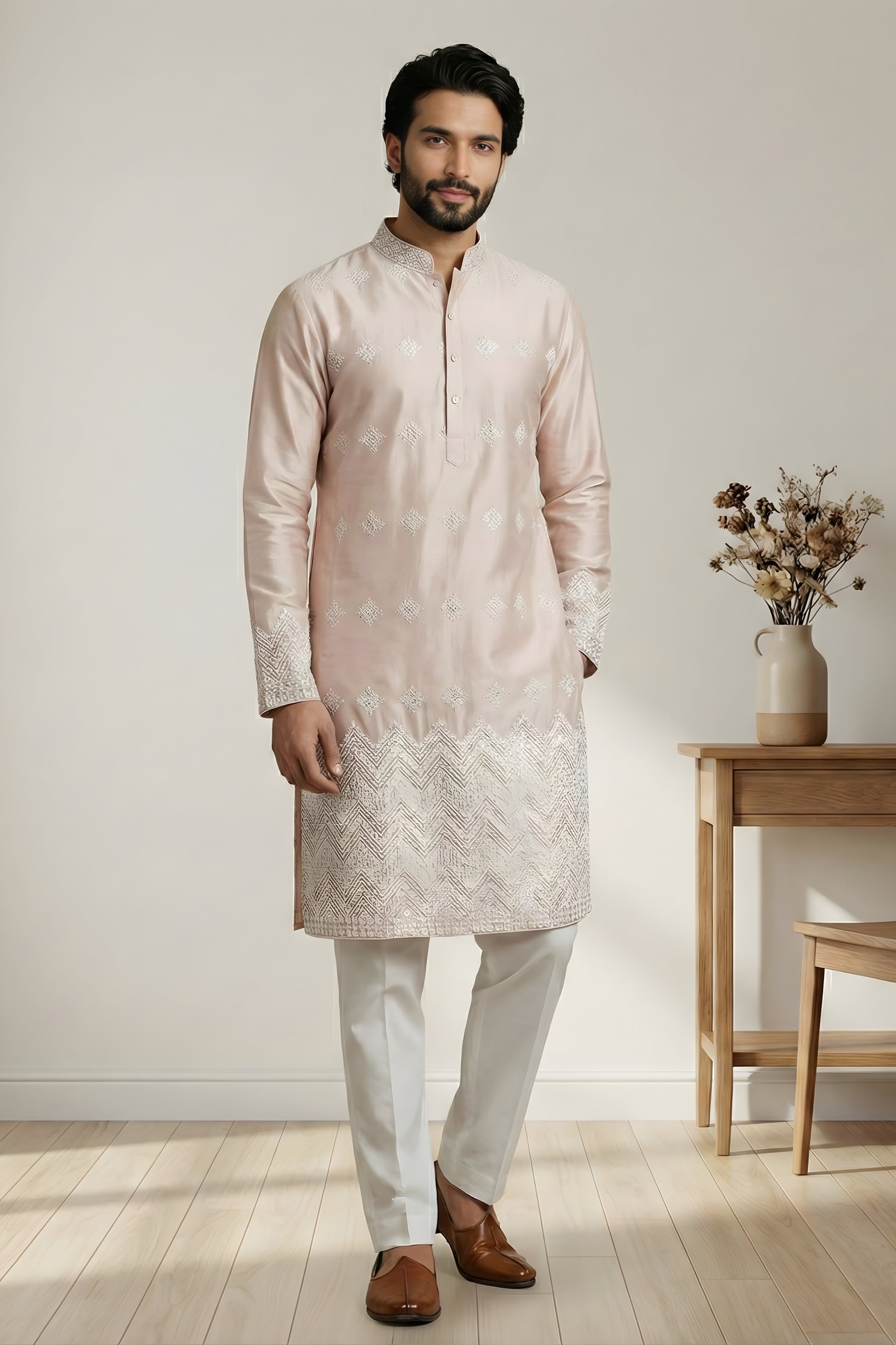 Stunning Peach Embroidered Malai Satin Kurta for Men with White Pyjama