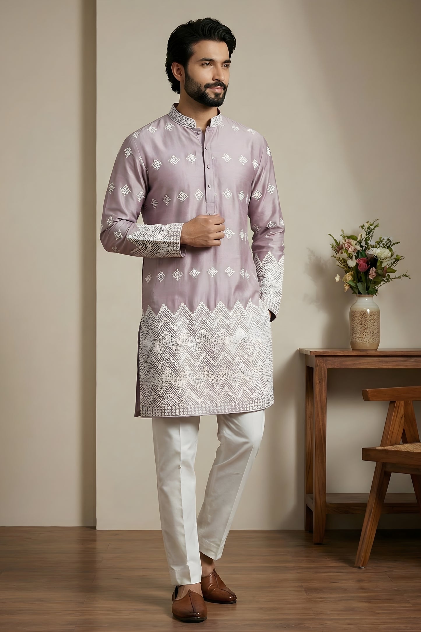 Attractive Pink Embroidered Malai Satin Kurta for Men with White Pyjama