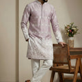 Attractive Pink Embroidered Malai Satin Kurta for Men with White Pyjama