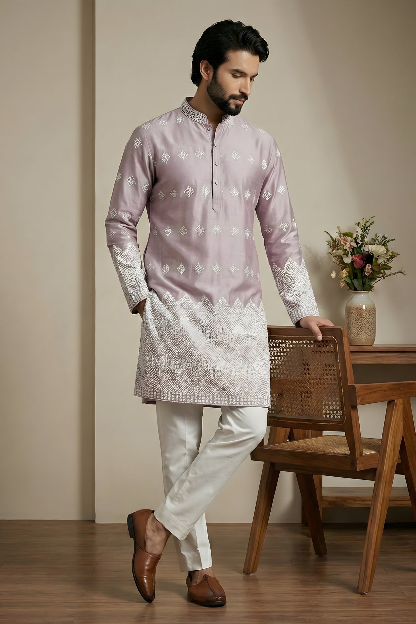 Attractive Pink Embroidered Malai Satin Kurta for Men with White Pyjama