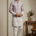 Attractive Pink Embroidered Malai Satin Kurta for Men with White Pyjama