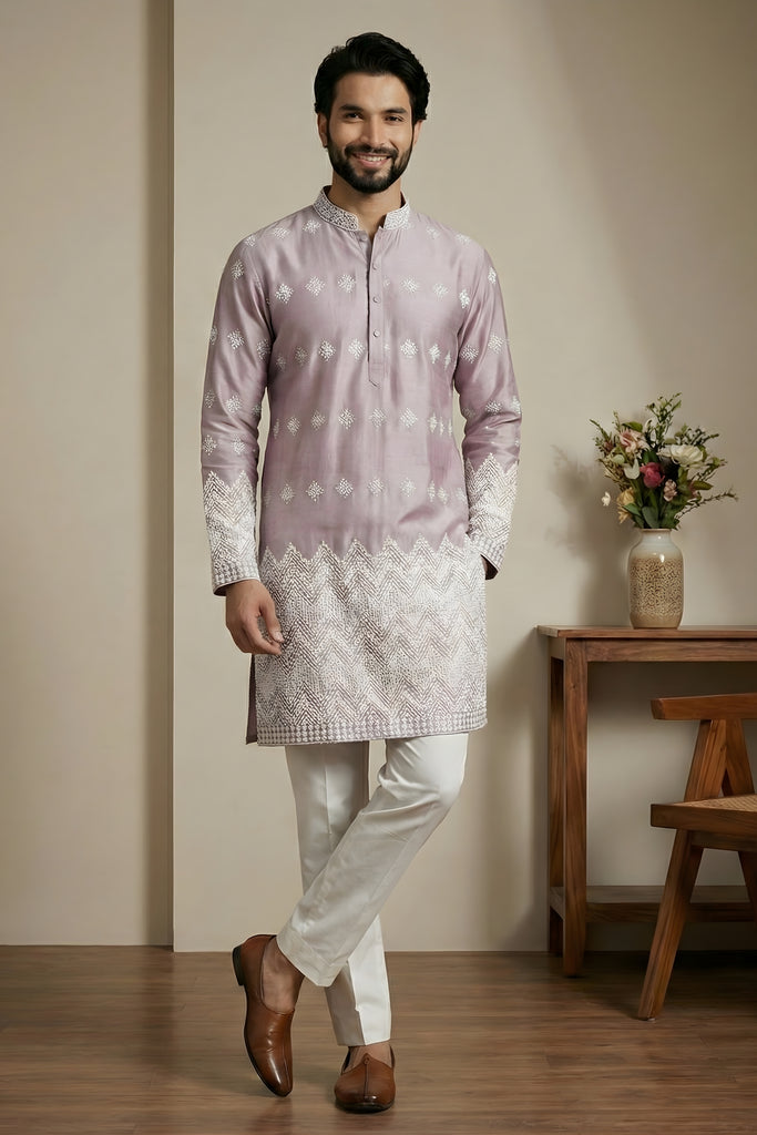 Attractive Pink Embroidered Malai Satin Kurta for Men with White Pyjama