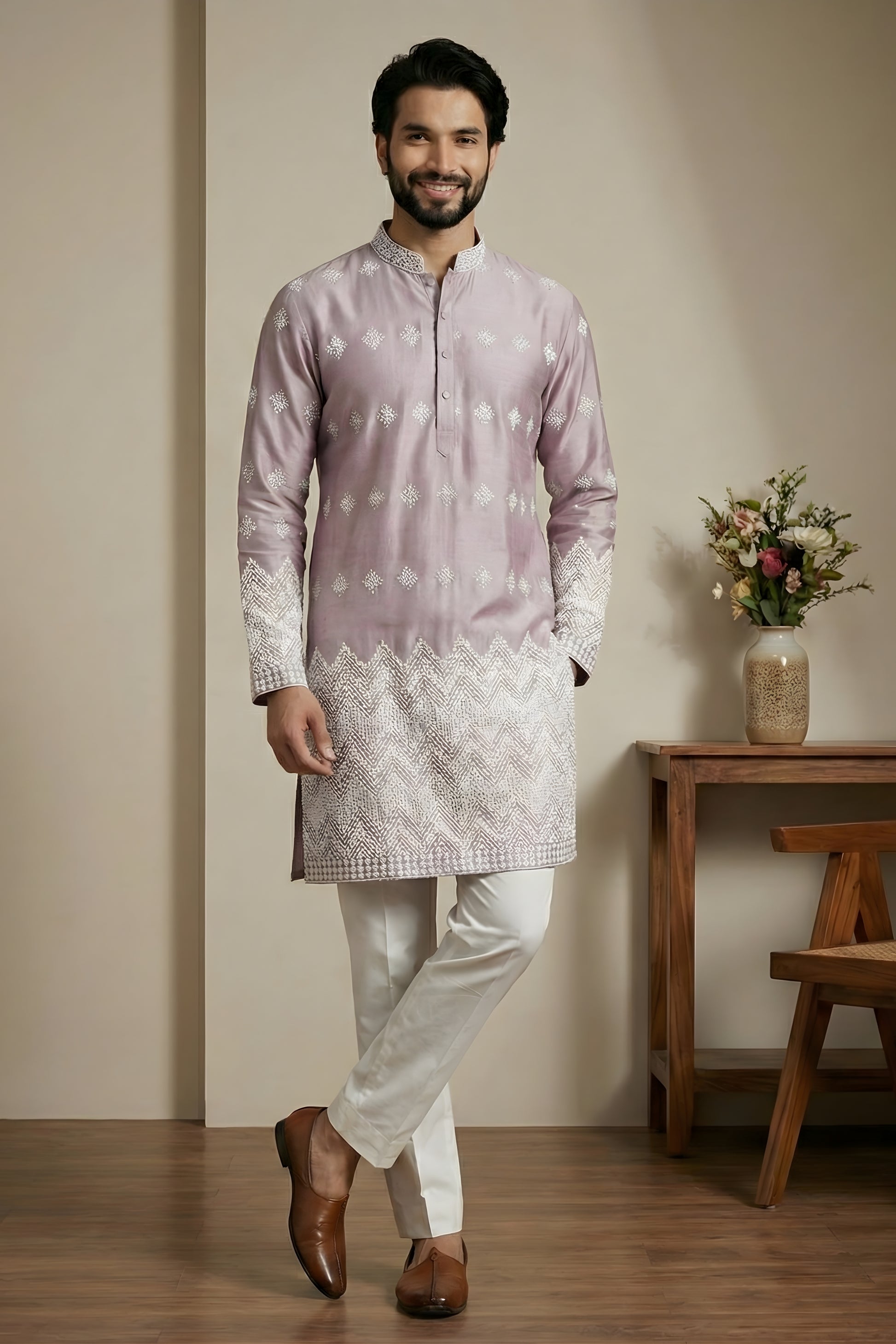 Attractive Pink Embroidered Malai Satin Kurta for Men with White Pyjama