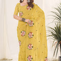 Mustard Yellow Organza Saree Floral Embroidery Designer Blouse