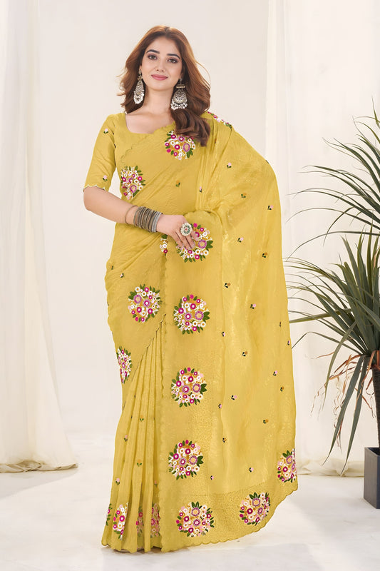 Mustard Yellow Organza Saree Floral Embroidery Designer Blouse
